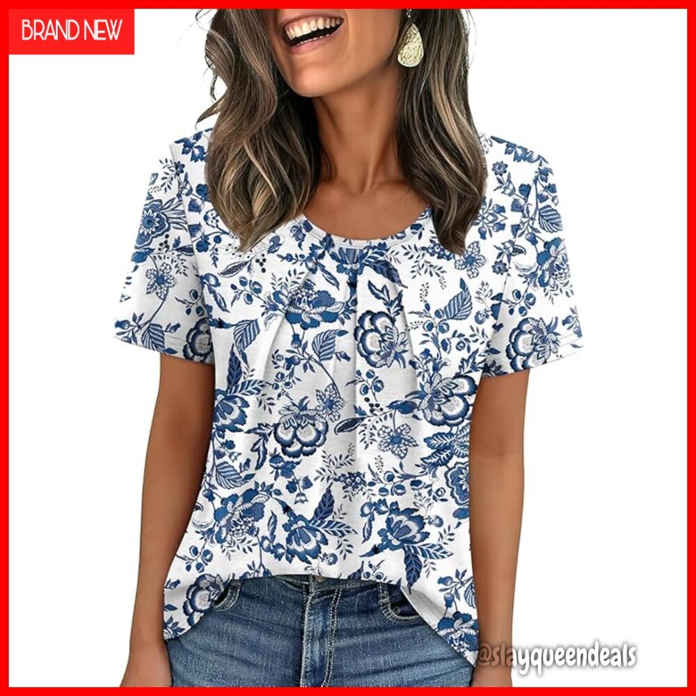 Pleated Short Sleeve Blouse Flowy Loose Fit Business Casual Top